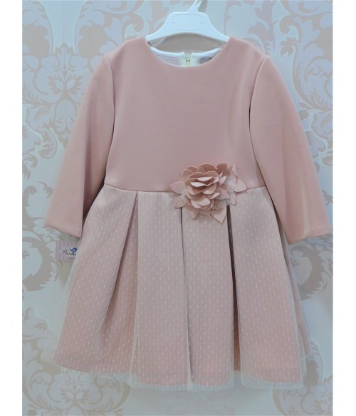 Vestido neopreno y tul rosa empolvado