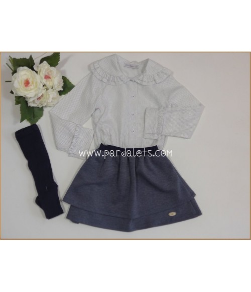 Conjunto blusa topitos marino y falda sudadera azul