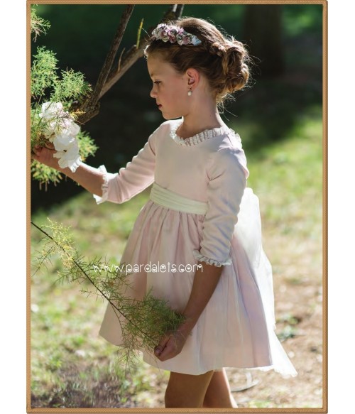 Vestido mikado rosa bebe cubierto tul y lazada tul