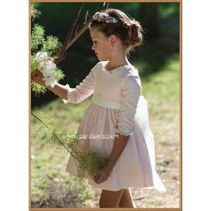 Vestido mikado rosa bebe cubierto tul y lazada tul