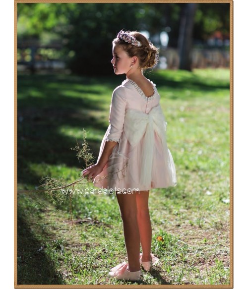 Vestido mikado rosa bebe cubierto tul y lazada tul