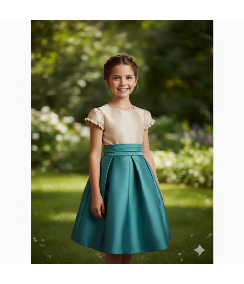 Vestido mikado arena y verde