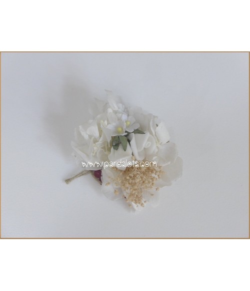 Tocado blanco con pinza pato y flores 7 cm