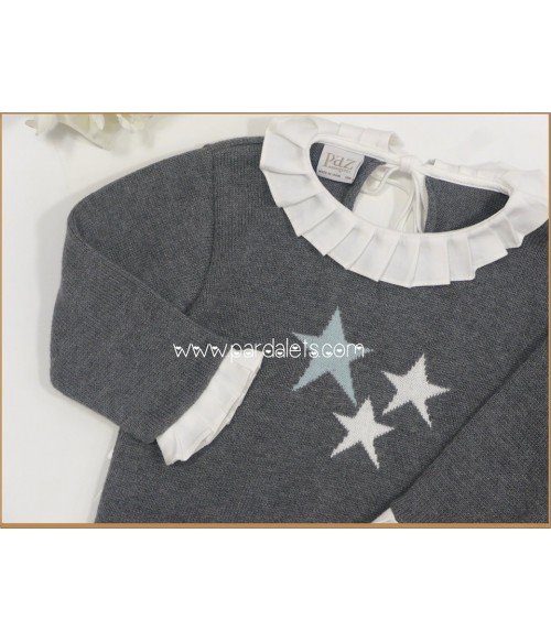 Jersey lana gris con cuello plisado y estrellas bicolor