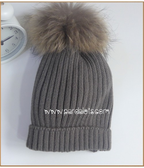 Gorro canale gris oscuro pompon pelo natural