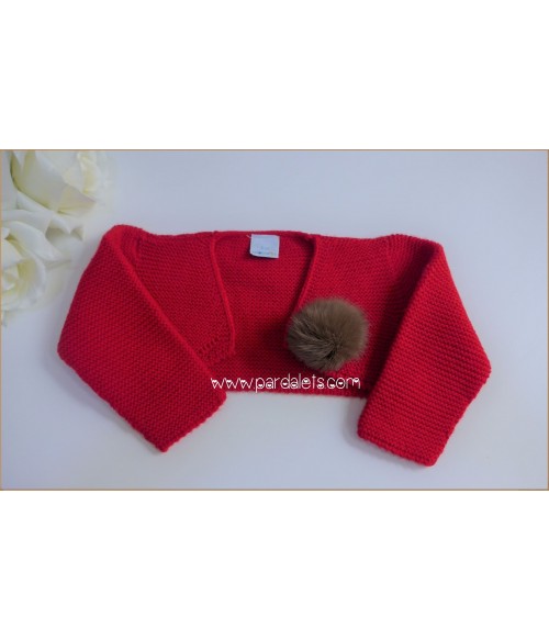 Chaqueta corta lana roja con pompon pelo