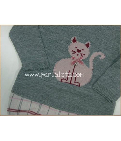 Jersey de lana gris gatito bordado y culote