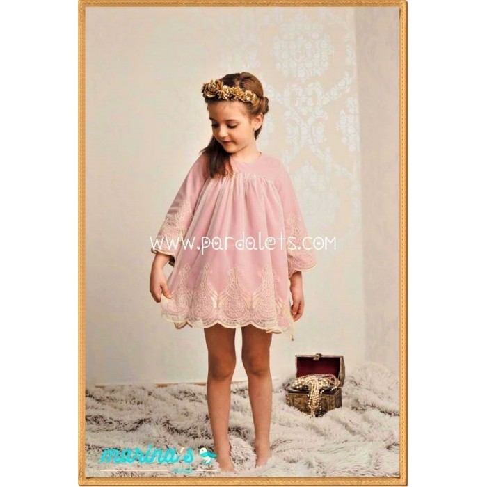 Vestdio rosa empolvado y tul bordado dorado